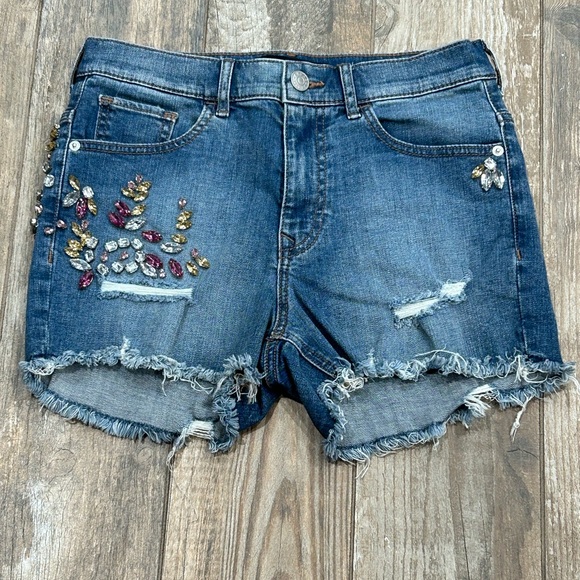 Express High Rise Shortie Womens Jeweled Distressed Frayed Shorts Size 2 - Picture 1 of 6